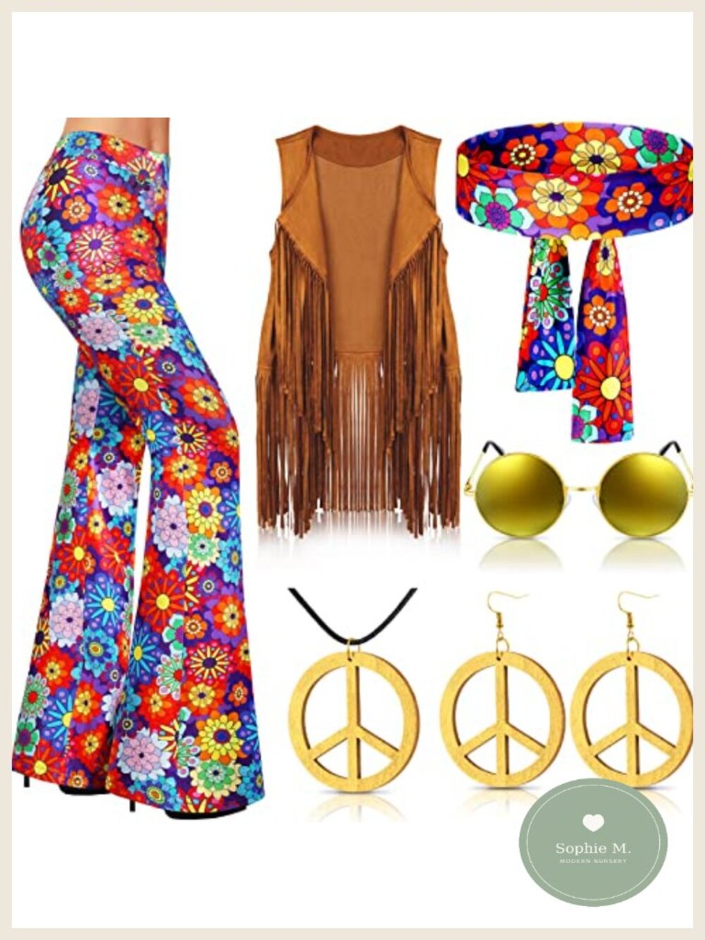 7 Pc 60s 70s Hippie Costume Set Fringe Vest Flared Pants Peace Sign